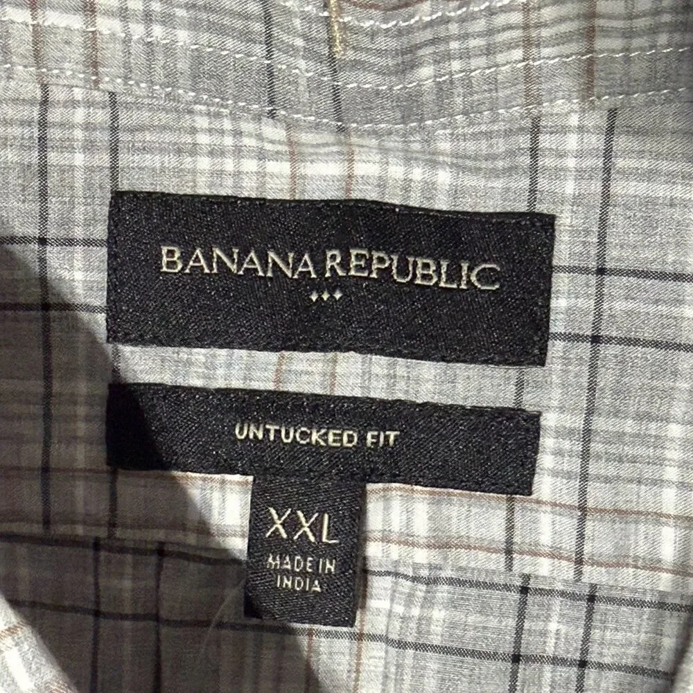 Banana Republic Mens XXL Slim Fit Untucked Fit Gray Plaid Organic Cotton New NWT